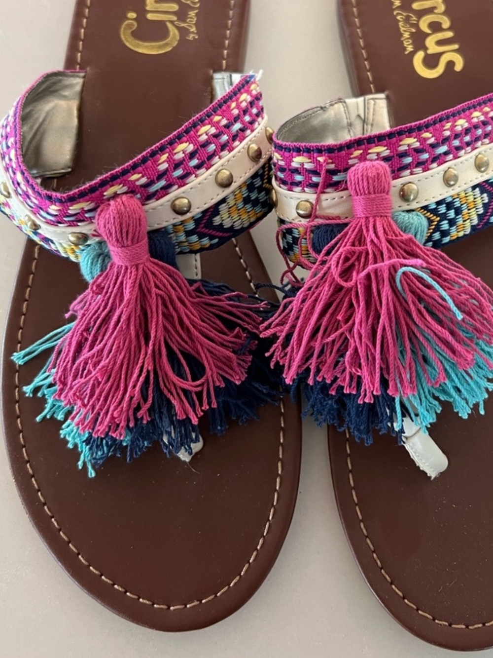 Circus by Sam Edelman Brown Sandals with Pink & Teal Tassels